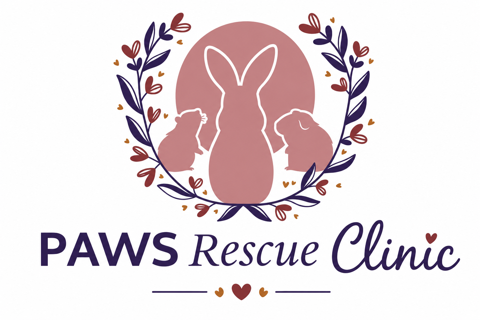 PAWS Rescue Clinic logo featuring a rabbit and guinea pigs